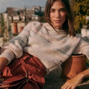 Sézane Zenia Sweater Ivory Wool Alpaca Blue Cozy Striped Sweater XS fits s